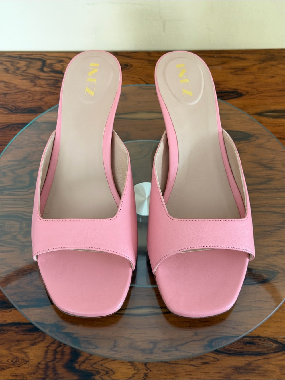 Inez Luna Rose Pink Square Toe Mules with kitten heels in size 8.5